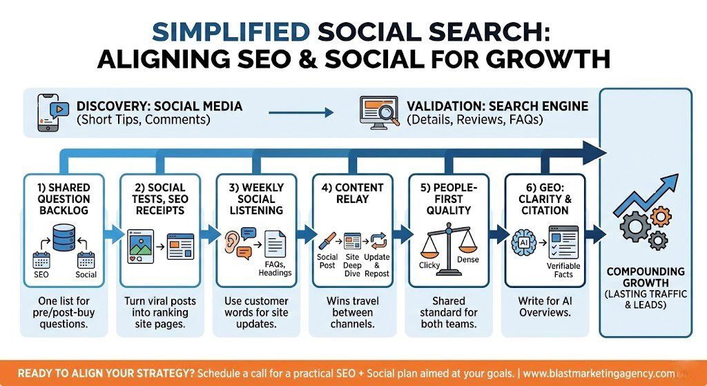 Social media marketing and seo alignment infographic for simplified social search growth